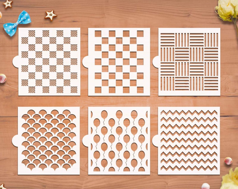 G GSS Designs GSS Designs Cookie Stencil 6 Pack, Food Safe Templates for Decorating & Baking, Chevron, Buffalo Check Plaid, Fish Scale, Balloons, Blocks, Ruler(SL-069) - Image 1